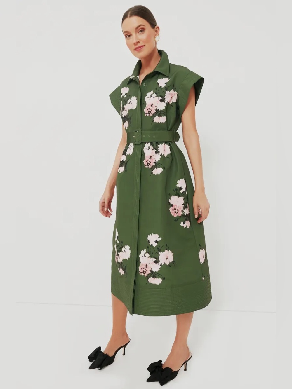 Tuckernuck Chloe Dress Olive and Pressed Powder Belted Midi Short Sleeve M - Picture 3 of 7